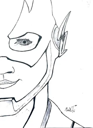A face in bold black outline, half hidden behind a winged mask