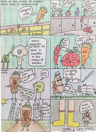 A comic strip of vegetables solving a mystery in a kitchen, in speech bubbles and coloured panels