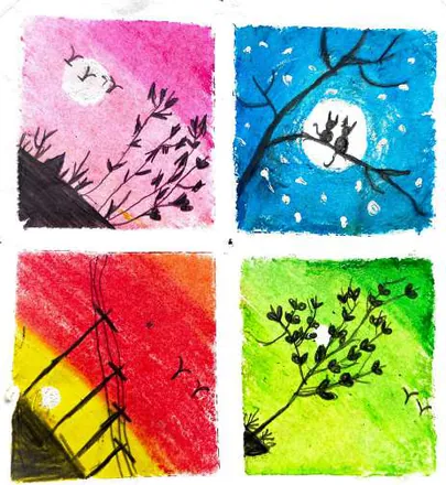 Four small squares: moonlit branches and silhouettes in pink, blue, red and green