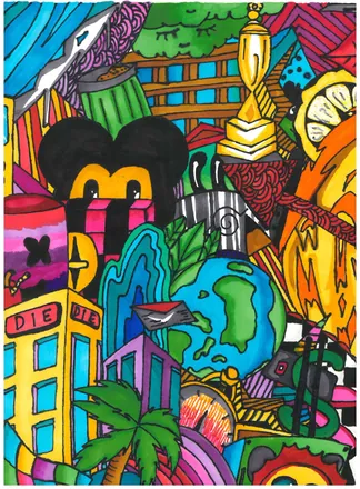 A crowded doodle of buildings, a globe, a trophy and cartoon shapes in bright colours