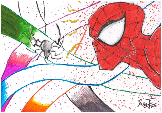 Spider-Man's masked face beside a spider, with streaks of colour behind