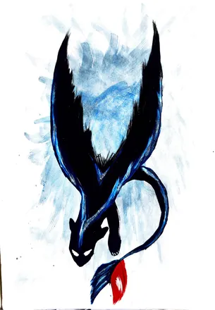 A dark winged creature diving through a wash of pale blue, a red tail beneath