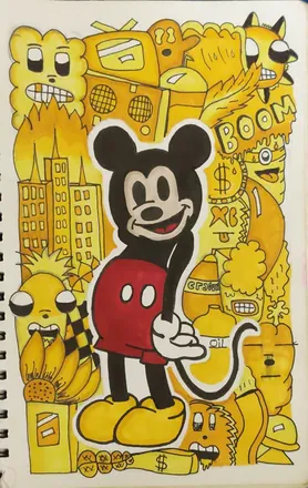 Mickey Mouse standing among a dense yellow doodle of faces and objects