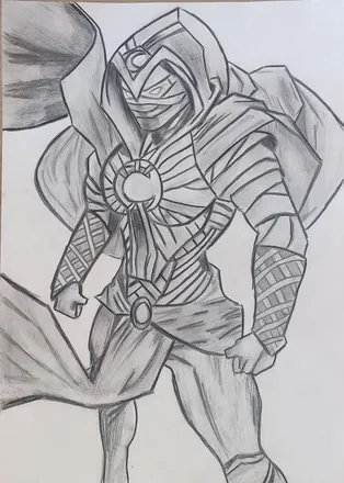 A caped, armoured figure in grey tones