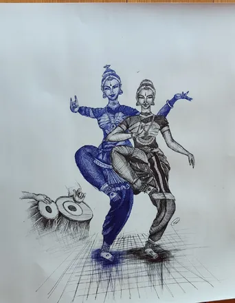 Two dancers in a Bharatanatyam pose, one in blue, beside a drum