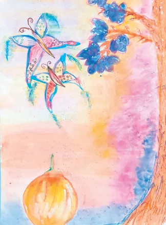 Butterflies over pink and blue washes, with an orange fruit below