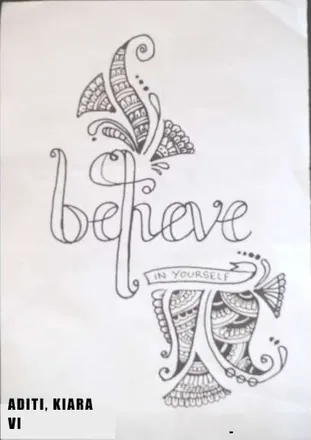 The word "believe" in looping letters with patterned feathers