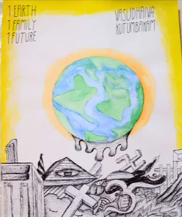 The earth held above a broken city, with the words "1 Earth 1 Family 1 Future" and "Vasudhaiva Kutumbakam"