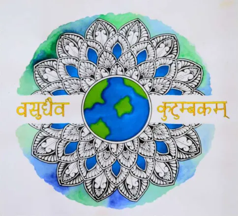 A patterned mandala around the globe, with "Vasudhaiva Kutumbakam" in Devanagari