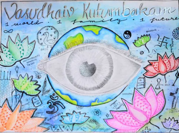 A large eye over the globe among lotuses and symbols, titled "Vasudhaiva Kutumbakam"