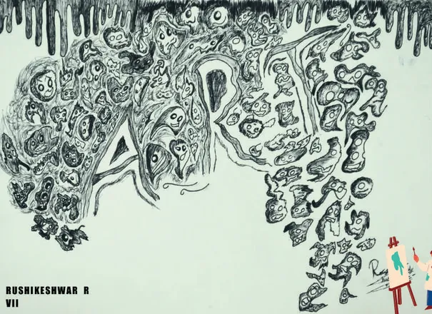 The word "ART" formed from a mass of tiny faces and shapes in black ink