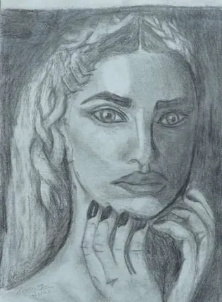 A woman's face resting on one hand, shaded in grey