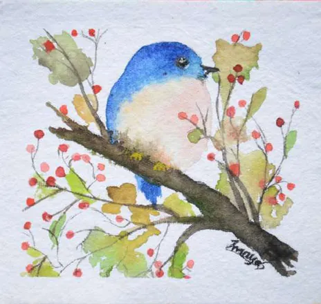 A small blue bird on a branch among red berries and yellow leaves