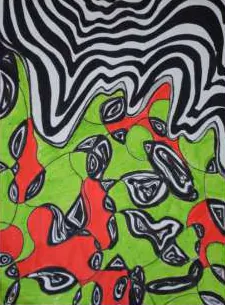 Black-and-white waves above red and green paisley shapes