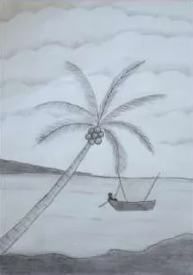 A coconut palm leaning over water, with a boat in the distance, in grey