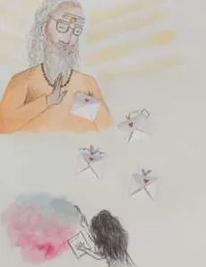 A seated sage with raised hand, small paper stars, and a figure writing below