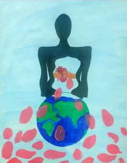 A dark figure standing on the globe amid falling red petals