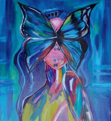 A woman's face behind a large butterfly, in streaks of blue, pink and yellow