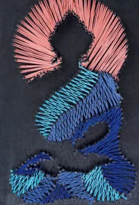 A seated figure picked out in coloured thread on black, with a halo of pink rays