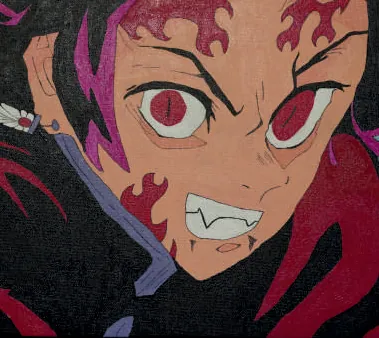 An anime boy with red eyes and bared teeth, in reds and black