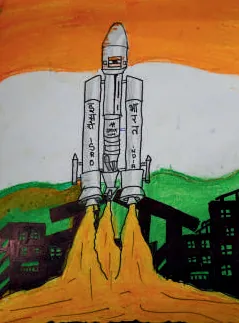 A rocket lifting off against the colours of the Indian flag