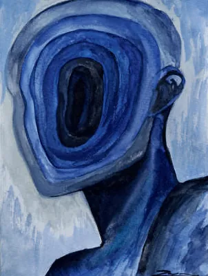A figure whose head is a hollow of swirling blue rings