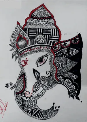 Lord Ganesha drawn in dense black patterns, with red accents