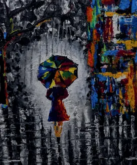 A figure with a rainbow umbrella in a rain of thick, broken colour
