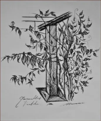A doorway overgrown with climbing leaves, in black ink