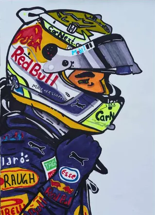 A racing driver in helmet and sponsor-covered suit
