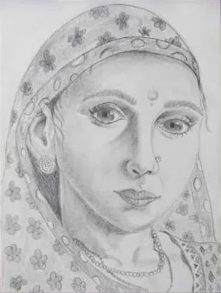 A woman in a patterned veil, in grey