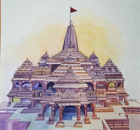 A tall temple with many tiers and a flag on its spire