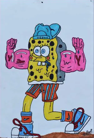 SpongeBob with pink muscled arms, striding in trainers