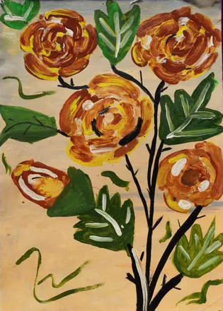 Orange flowers on dark stems with green leaves