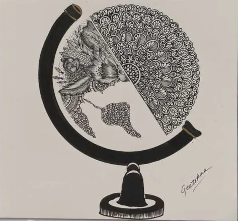 A globe on its stand, half filled with fine pattern and feathers