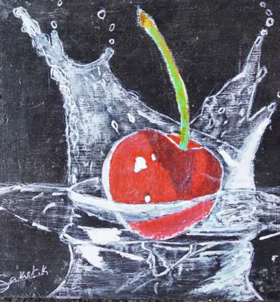 A red cherry splashing into water, in white on black