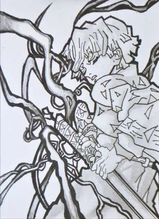 An anime figure wrapped in branches, in black line