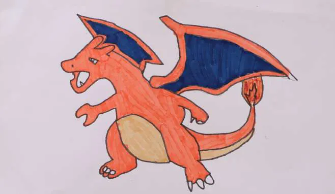 An orange dragon with blue wings