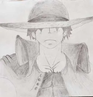 A figure in a wide straw hat and open coat, in grey