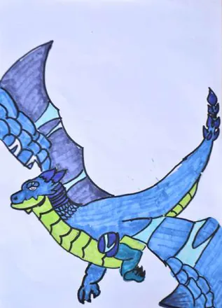 A blue dragon with folded wings