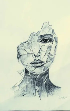 A woman's face broken into shards, in grey