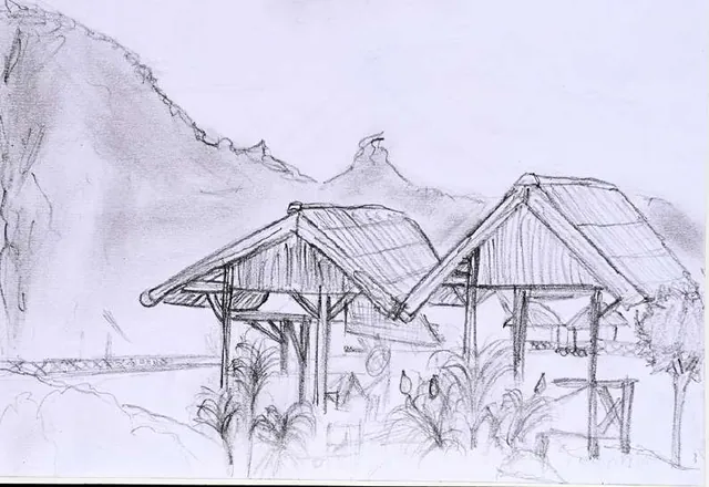 Thatched shelters beneath a mountain ridge, in light grey line