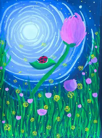 A pink lotus and a ladybird on a leaf beneath a swirling blue moon