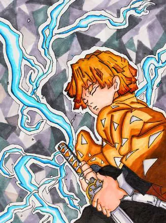 An anime swordsman in orange among blue lightning