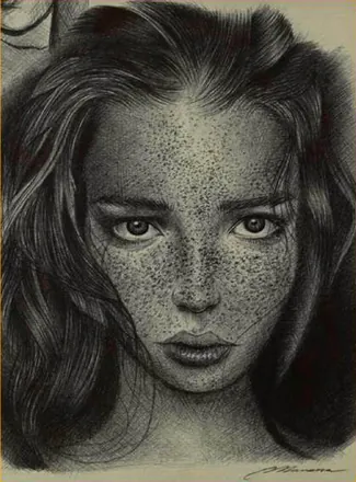 A freckled young woman's face, finely shaded in grey