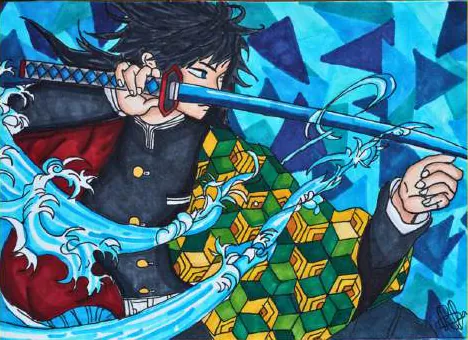 An anime swordsman in patterned robes slicing through blue waves
