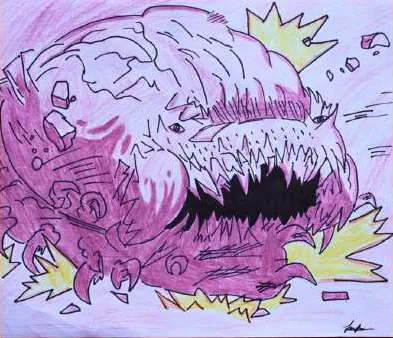 A pink monster with a jagged open mouth
