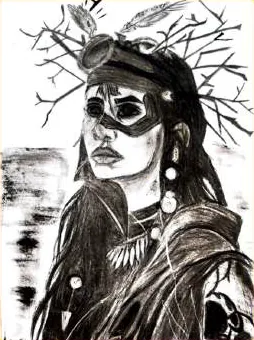 A woman in goggles and a headdress of branches, in black and white