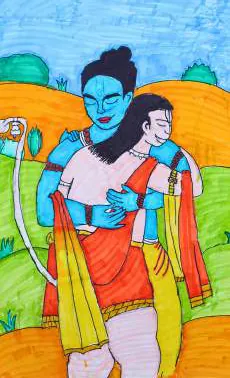Rama and Sita embracing, against orange and green hills