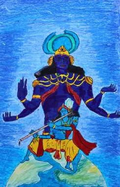 A many-armed blue deity standing on the globe